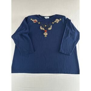 VTG Basil Womens Bead & Button Embossed Floral Navy Pullover L/S Shirt Sz 2X USA
